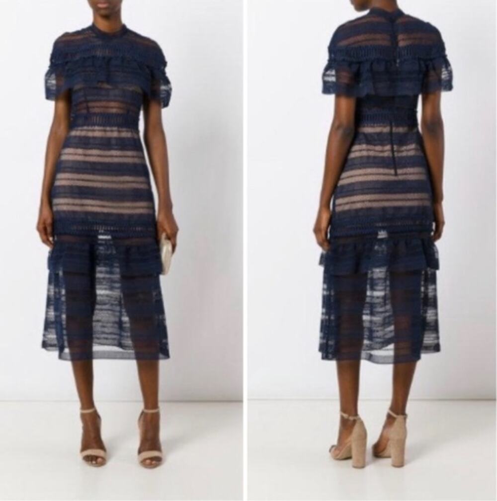 Self Portrait Yoke Frill Midi Lace Dress Blue Womens Size 2 New